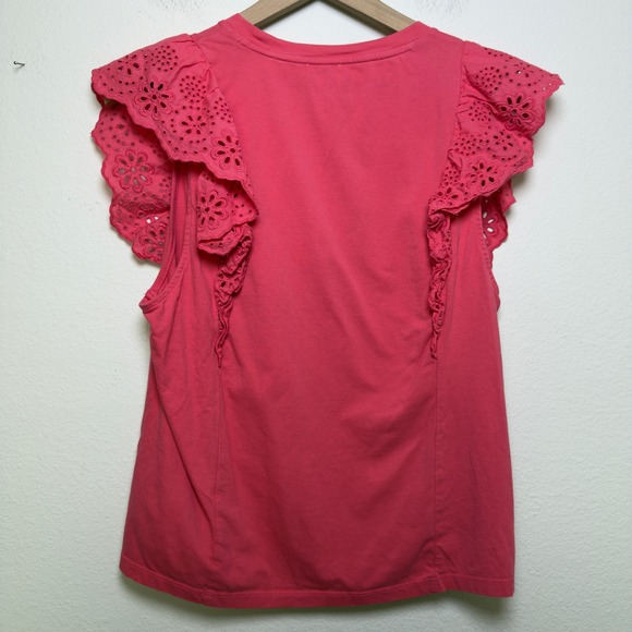 J. Crew Women Preppy 100% Cotton Top XL Pink Eyelet Flutter Ruffle Spring Boho - Picture 7 of 8